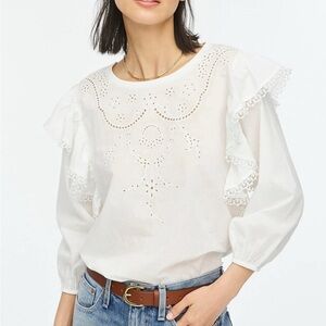 J Crew Eyelet 3/4 Ruffle Sleeve Blouse Sz Large